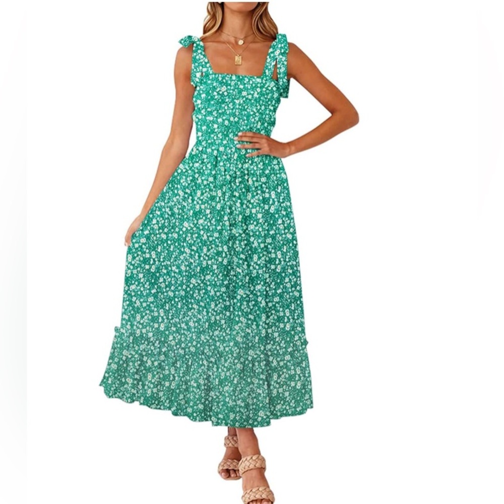 Tobrief Women's Boho Spaghetti Strap Square Neck Flowy Ruffle Beach Maxi Dress